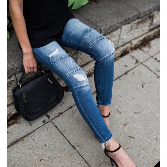 KanCan Denim - Blue Distressed Moto Piped Frayed Denim Jeans